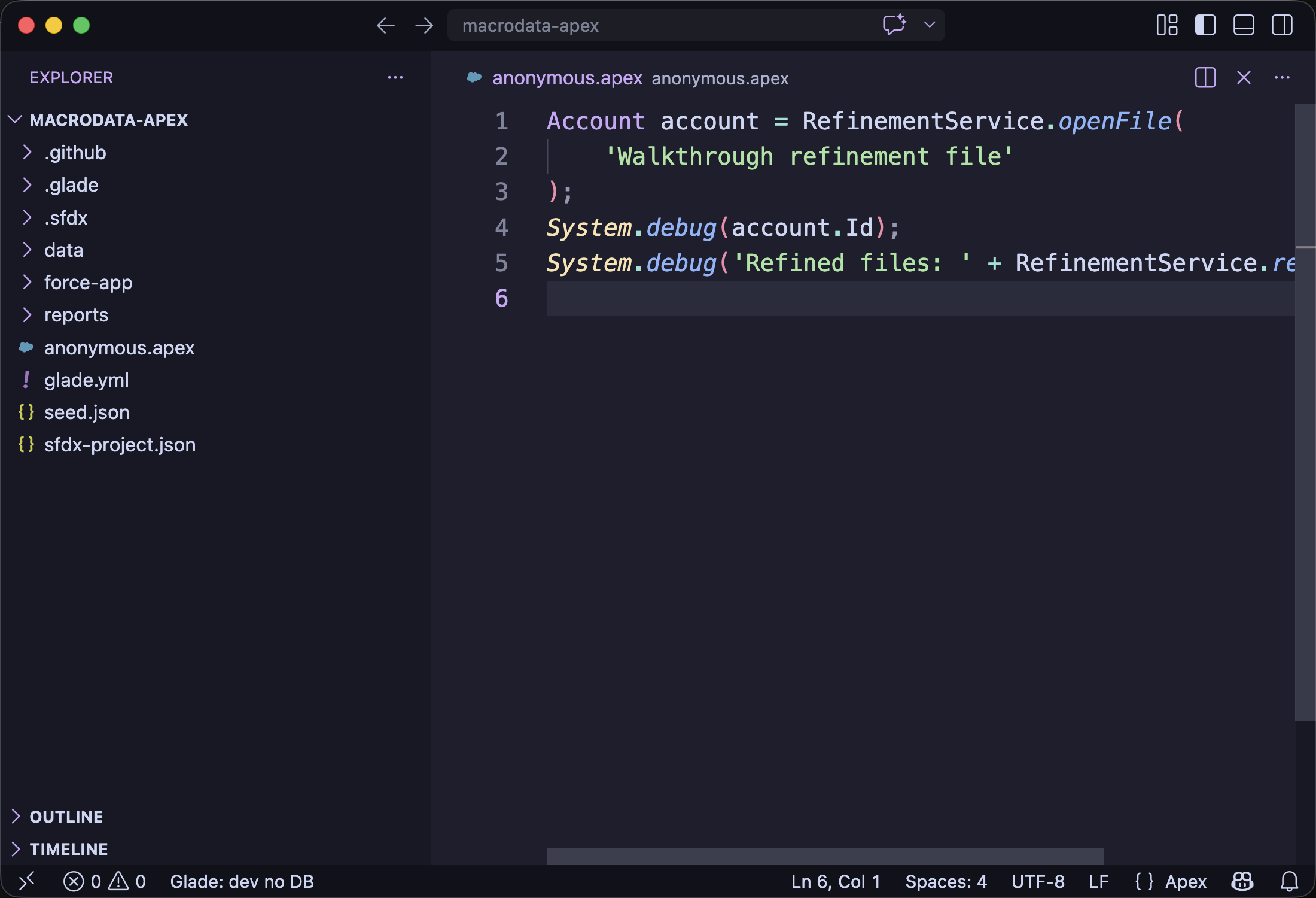 VS Code showing an anonymous Apex scratch buffer