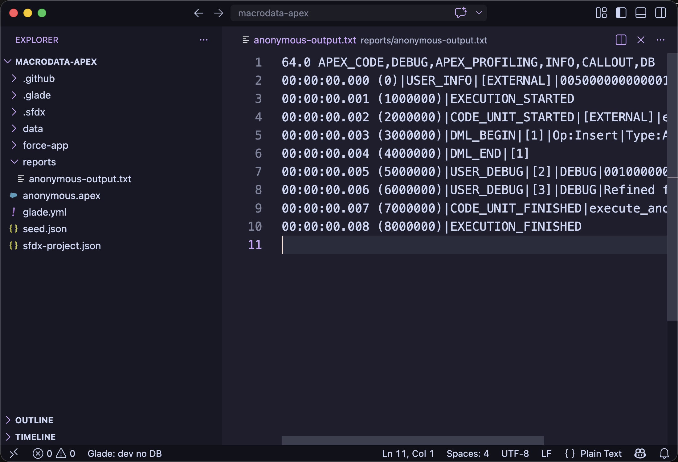 VS Code showing an anonymous Apex debug log