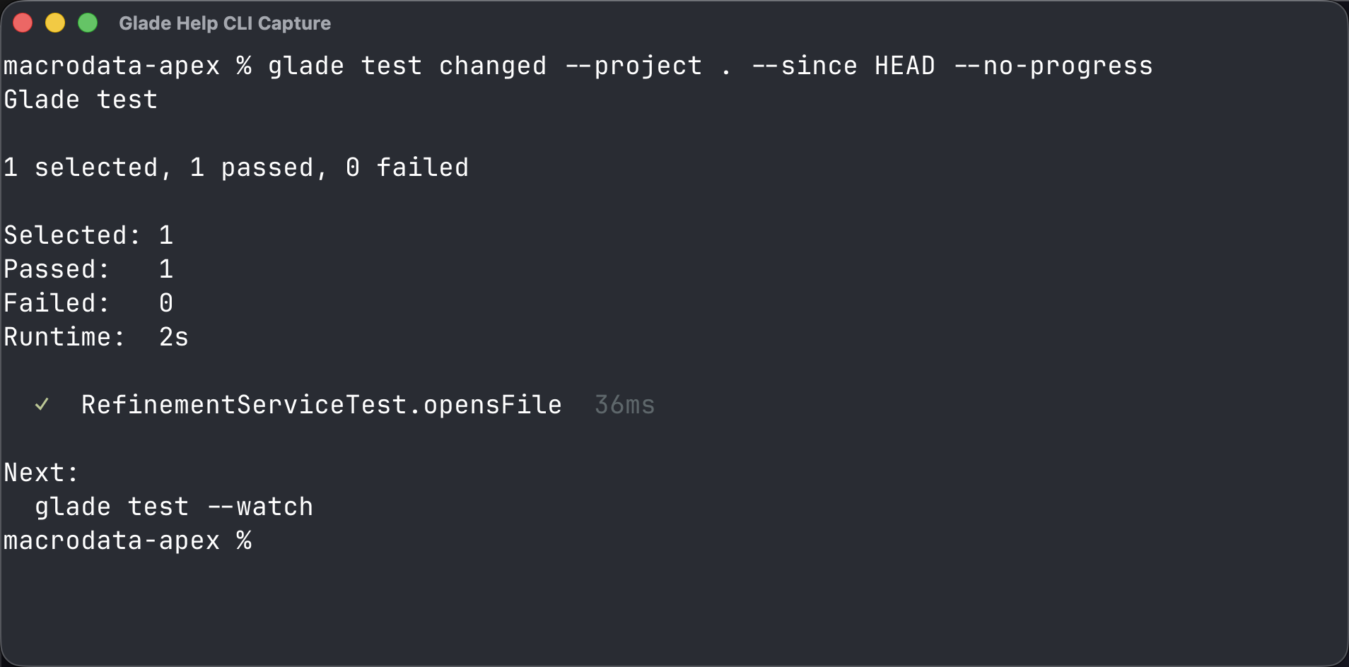 Terminal showing changed local tests