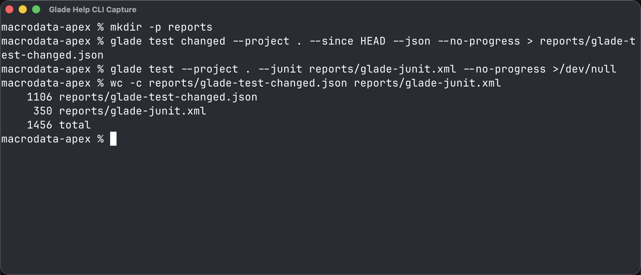 Terminal showing Glade report files