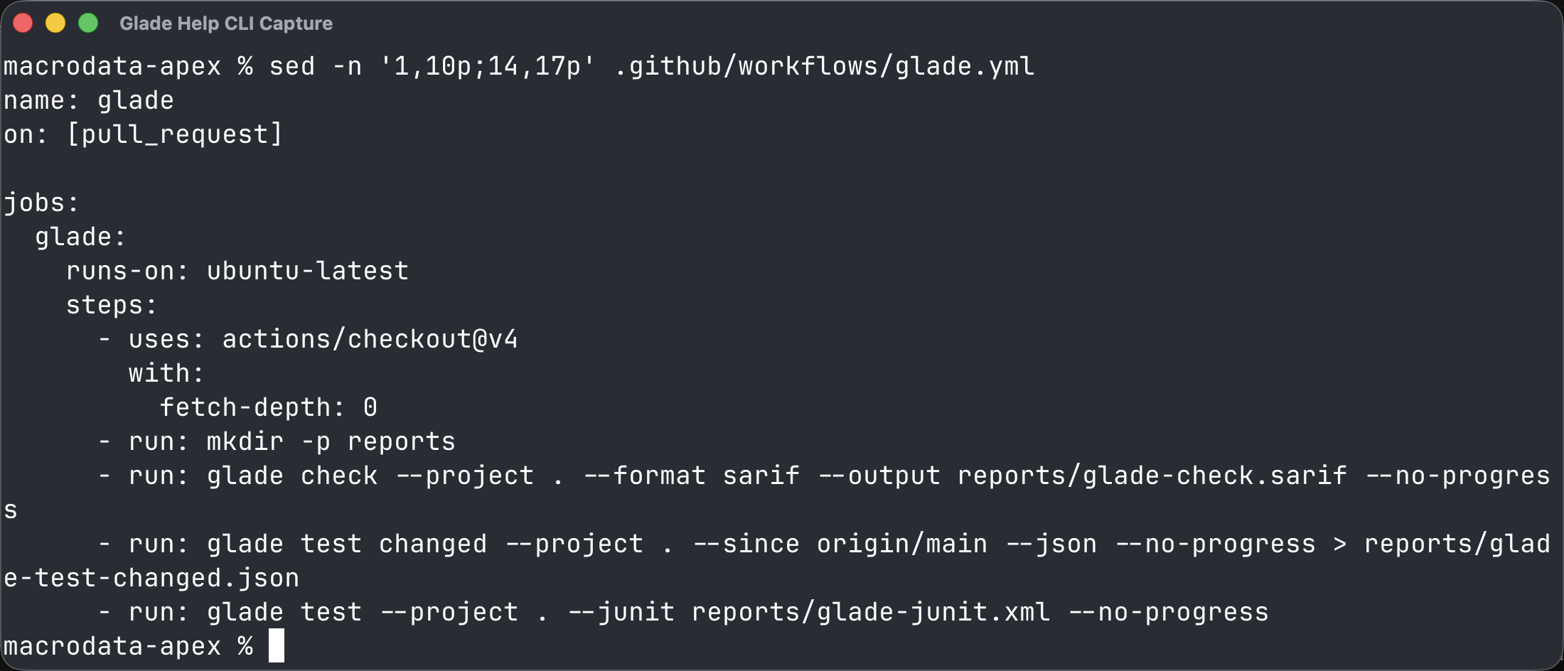 Terminal showing a Glade GitHub Actions workflow
