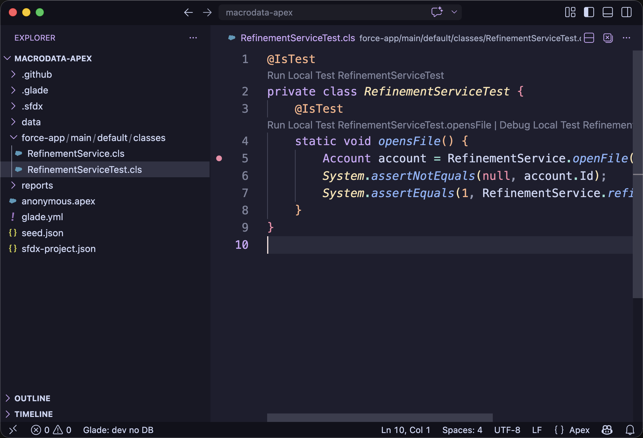 VS Code showing an Apex gutter breakpoint