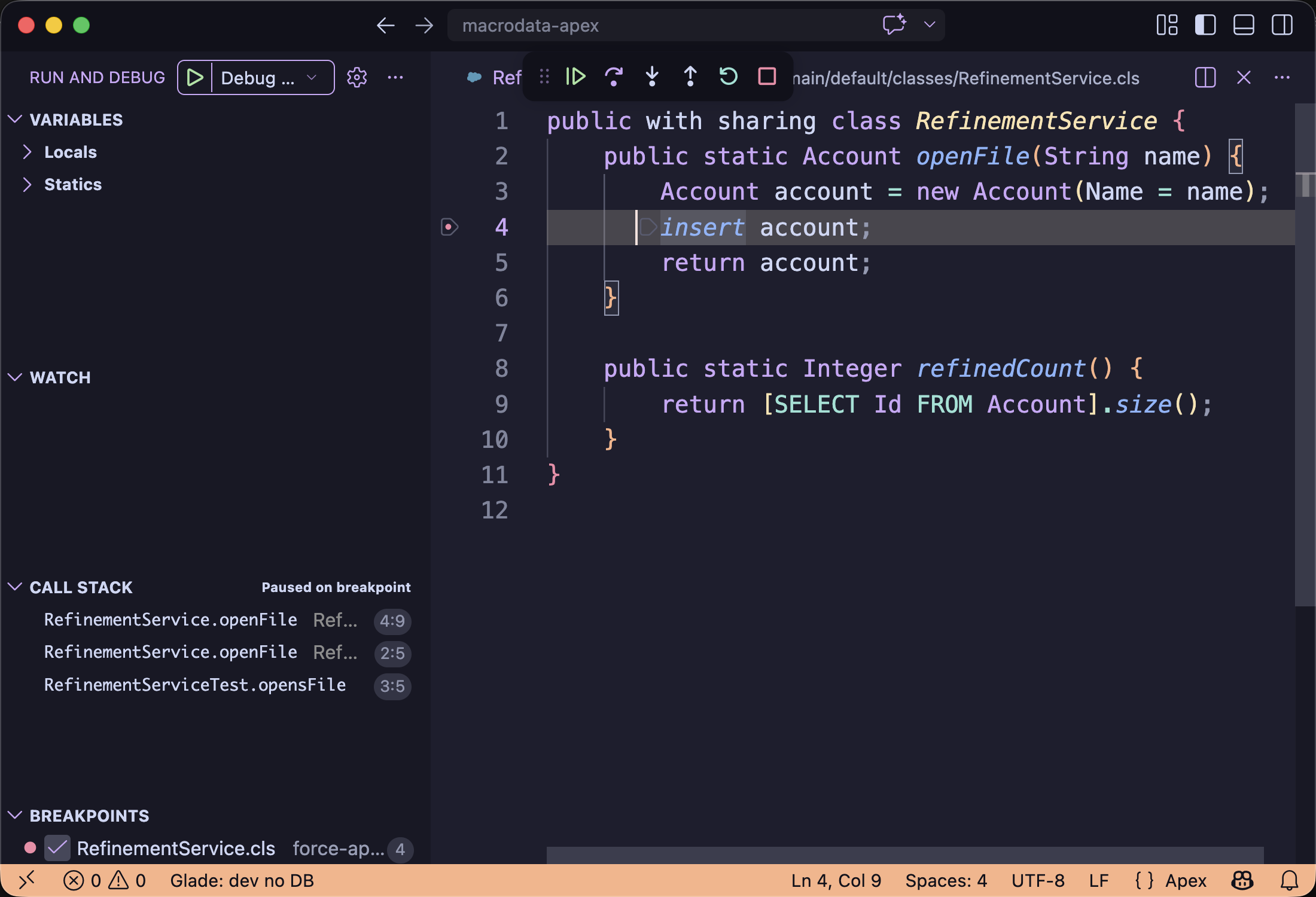 VS Code showing the Glade debug toolbar