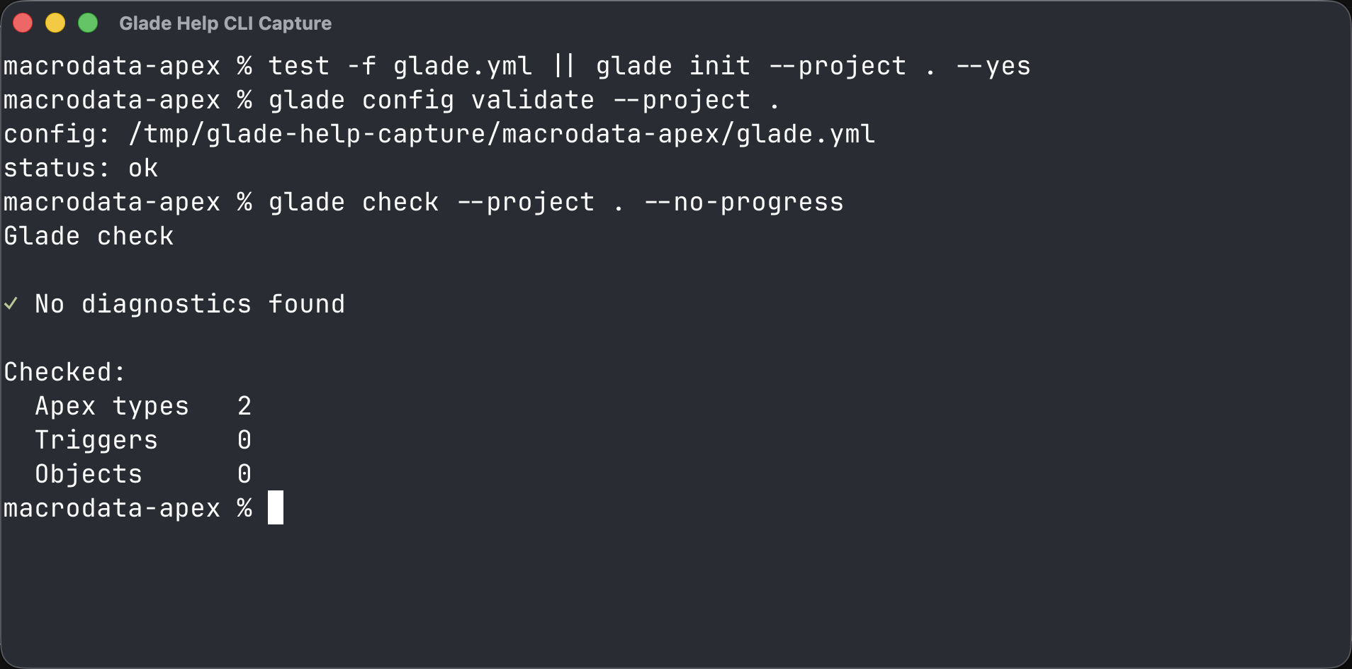 Terminal showing glade check output