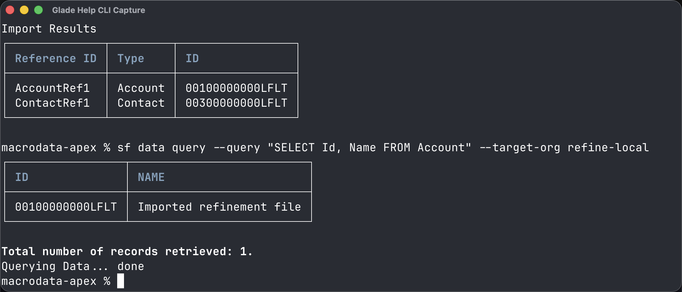 Terminal showing sf data import tree and query output