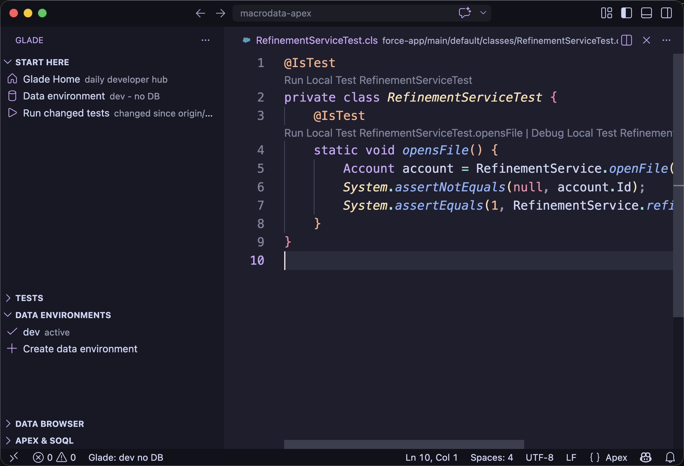VS Code showing Glade local data environments