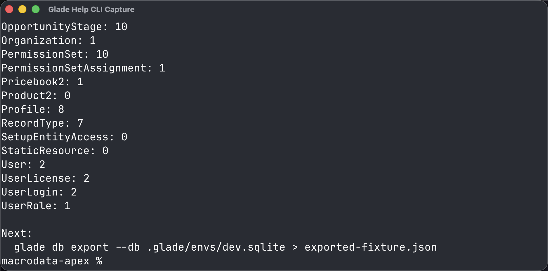 Terminal showing local data seed and inspect output