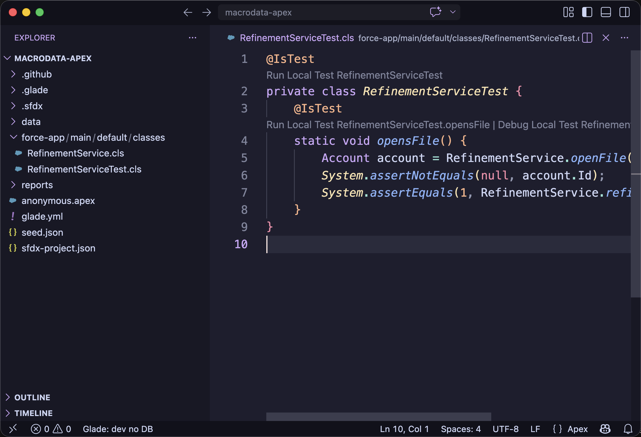 VS Code Apex editor showing Glade Run Local Test CodeLens actions