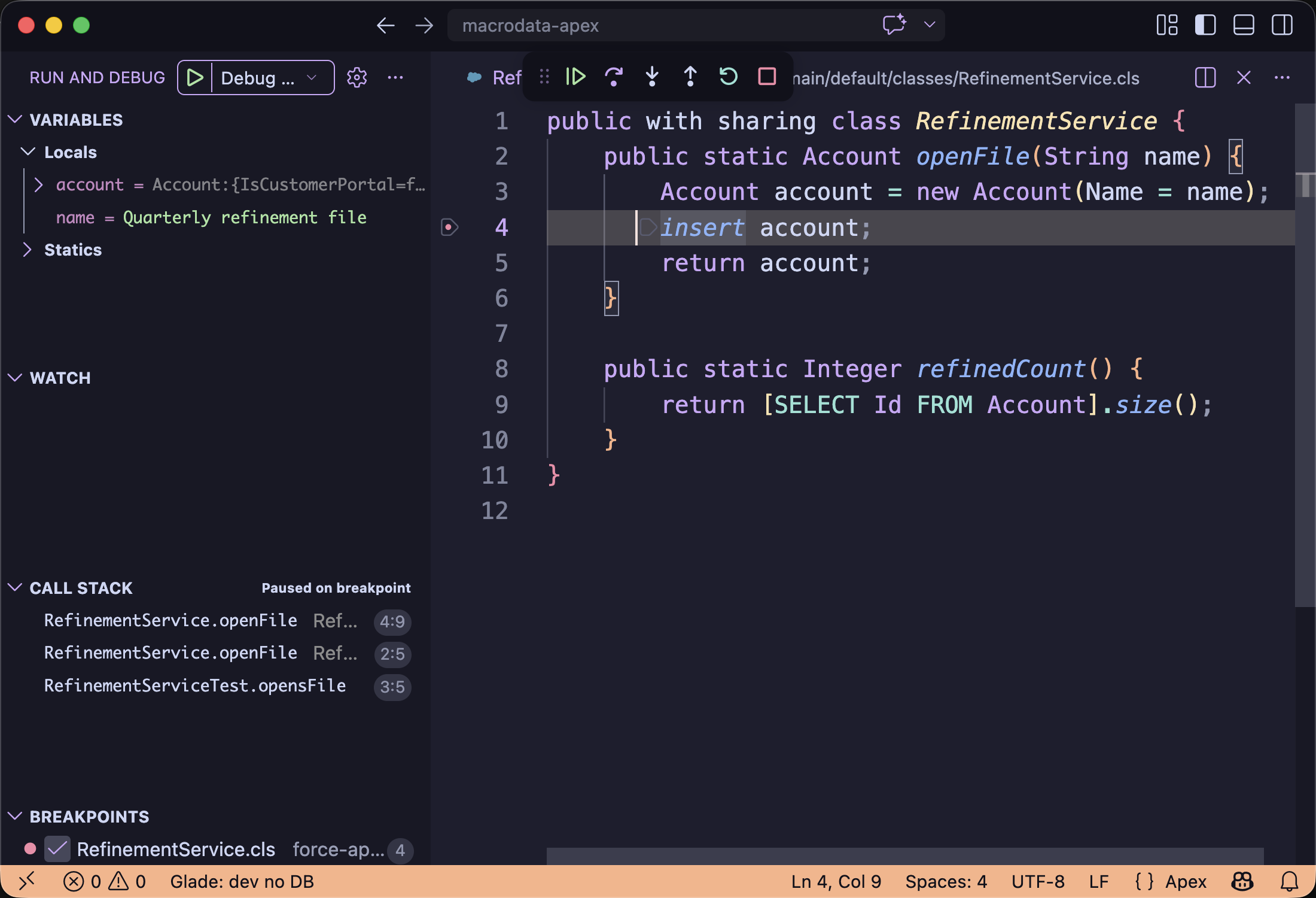 VS Code Run and Debug showing local variables at an Apex breakpoint